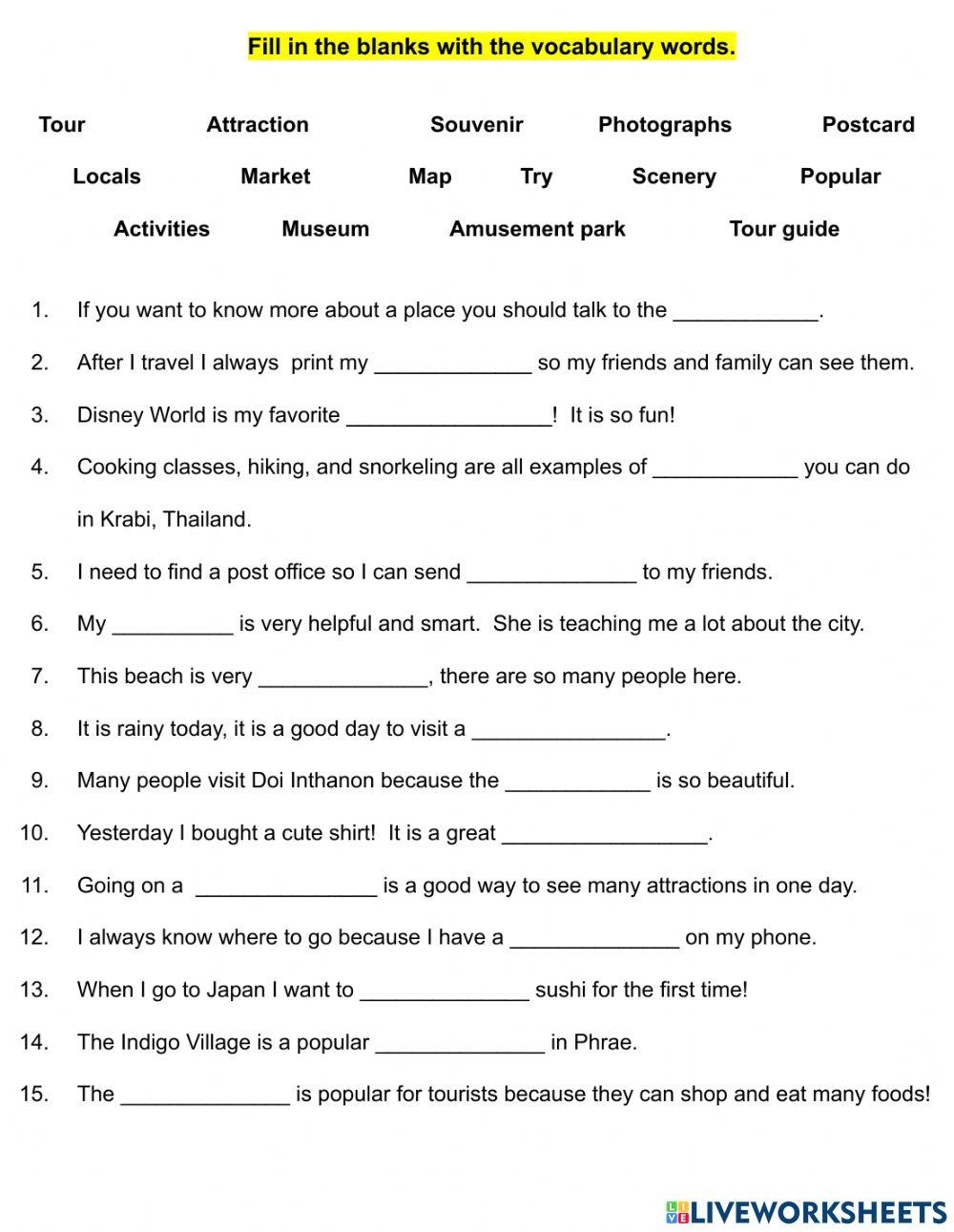 Fill In The Blanks Tourism Worksheet Live Worksheets Worksheets Library