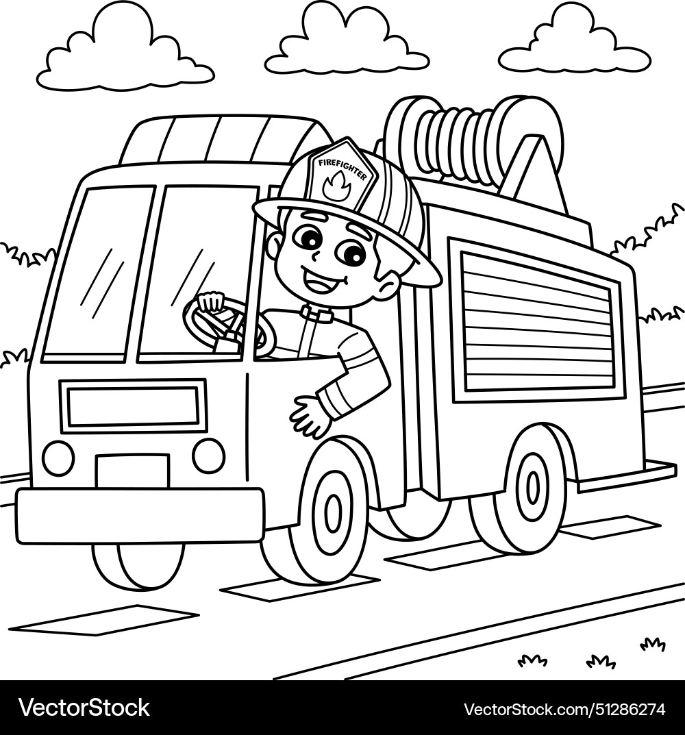 Firefighter Driving A Fire Truck Coloring Page Vector Image Firefighter Driving A Fire Truck Coloring Page Vector Image