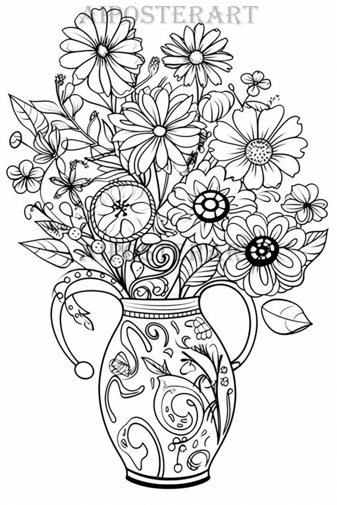 Flowers In A Vase Coloring Page For Adults And Kids Printable Coloring Sheet Two Handled Vase Of Flowers High Res 5376x8064 Pixels Etsy