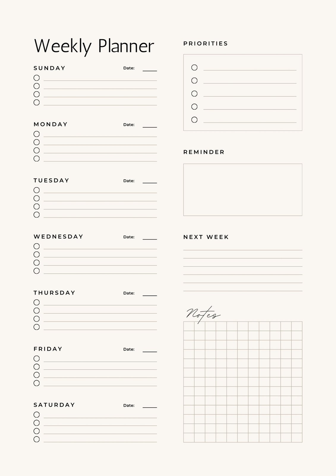 weekly planner template printable
