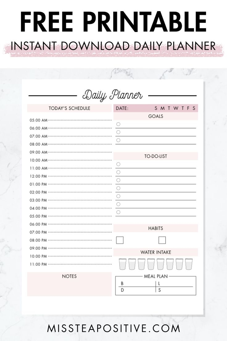FREE Daily Planner Printable PDF Miss Tea Positive