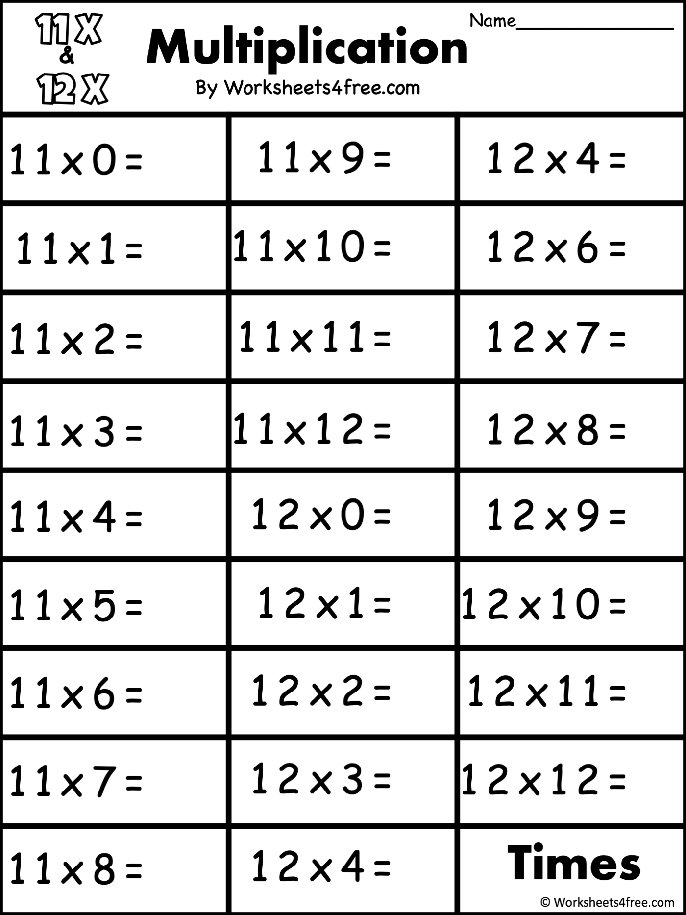 Free Multiplication Worksheet 11s 12s Worksheets4Free