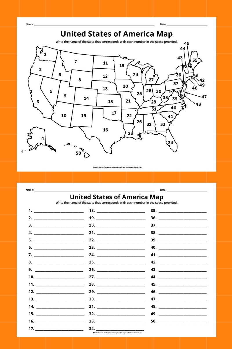states and capitals map worksheet