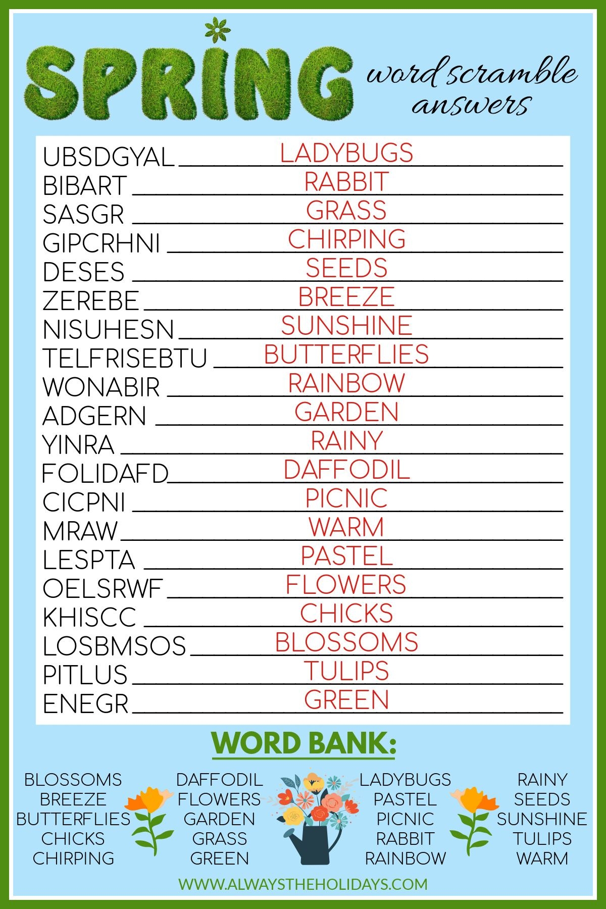 Word Scramble Worksheet With Answers Pdf
