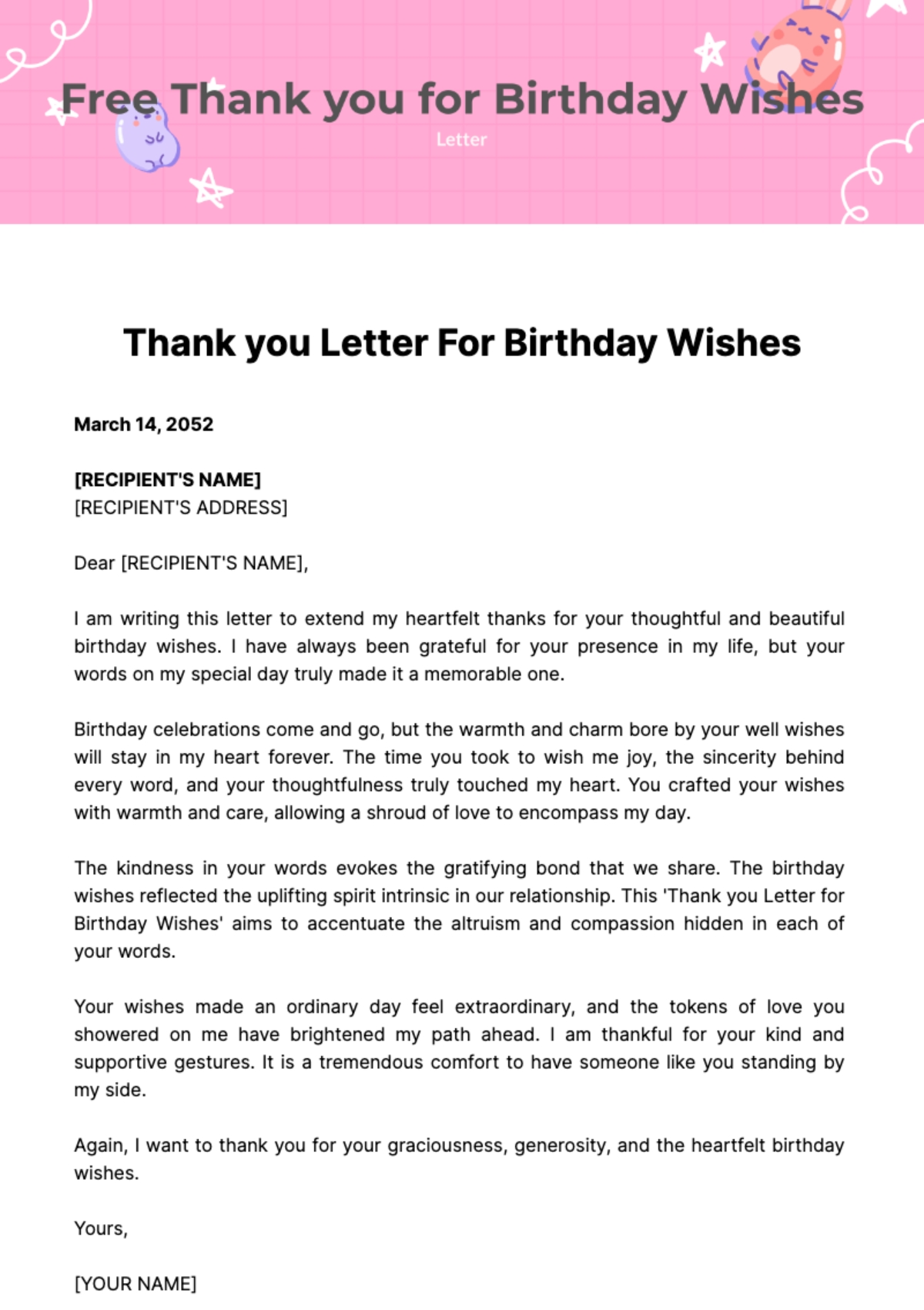 Thank You Letter For Birthday Wishes