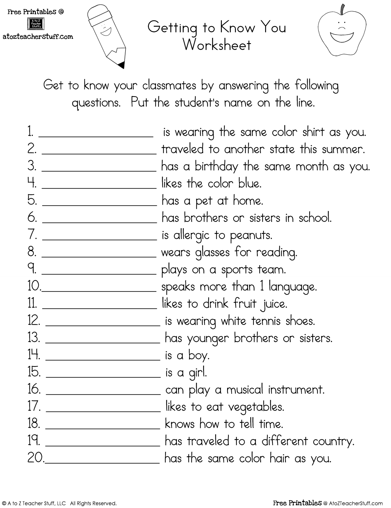 Getting To Know You Worksheet A To Z Teacher Stuff Printable Worksheets Library