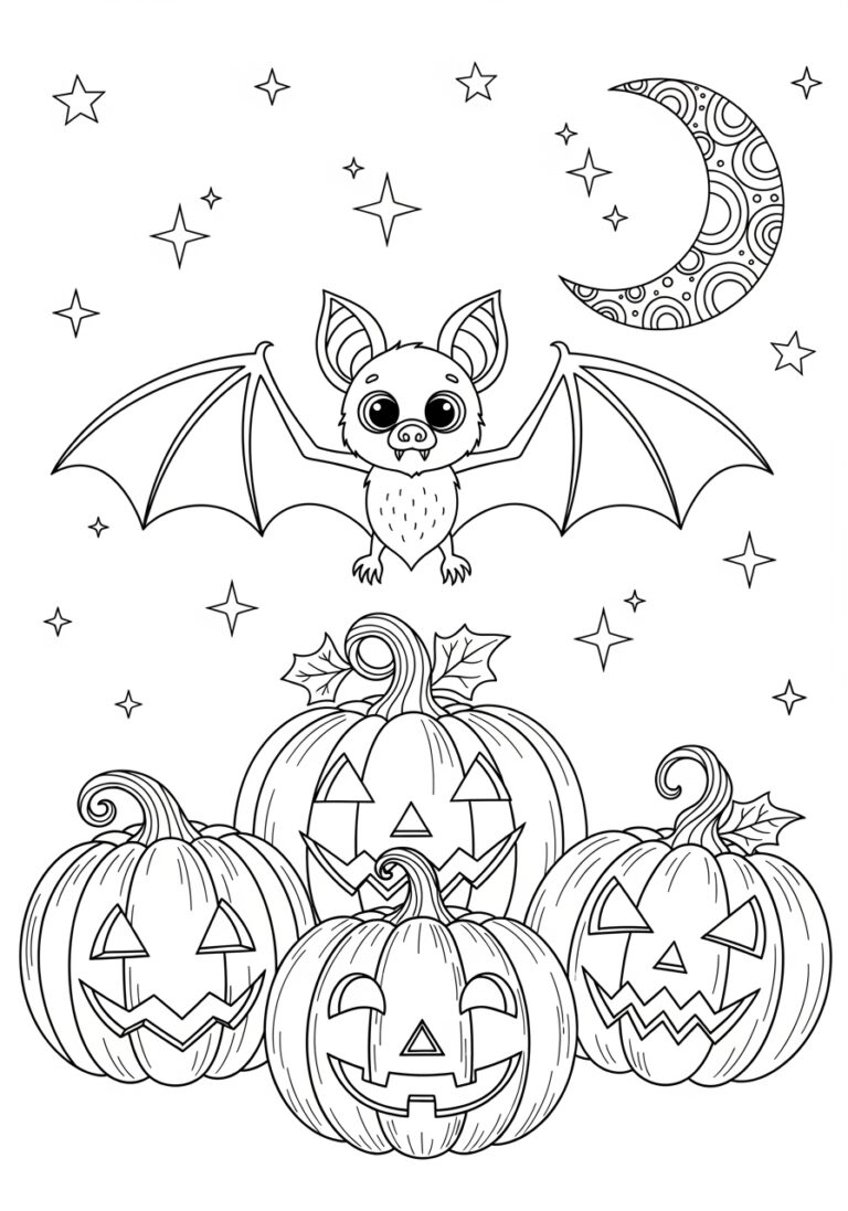 Halloween Bat With Pumpkins Coloring Page Printable Halloween Bat With Pumpkins Coloring Page Printable
