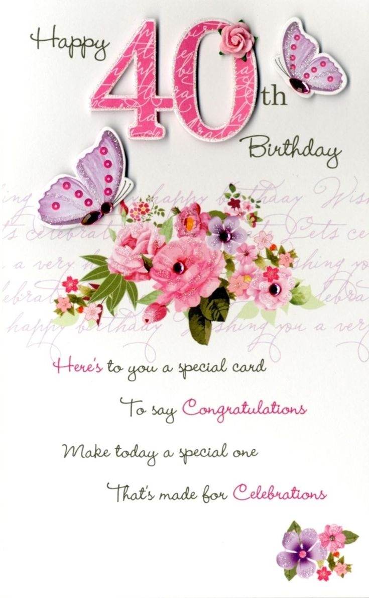 Happy 40th Birthday Card With Pink Flowers And Butterflies