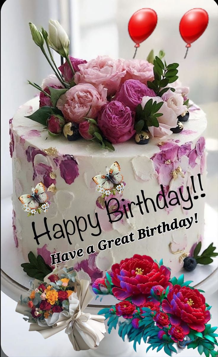 Happy Birthday Cake With Flowers And Balloons