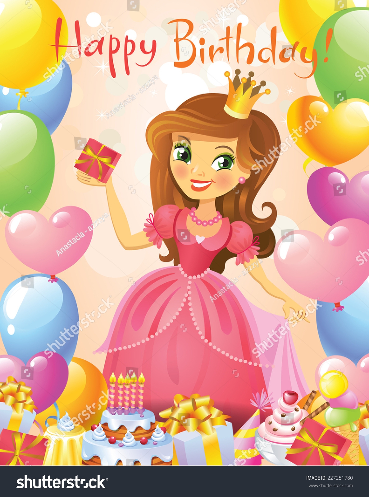 Happy Birthday Princess Greeting Card Illustration Stock Vector Royalty Free 227251780 Shutterstock