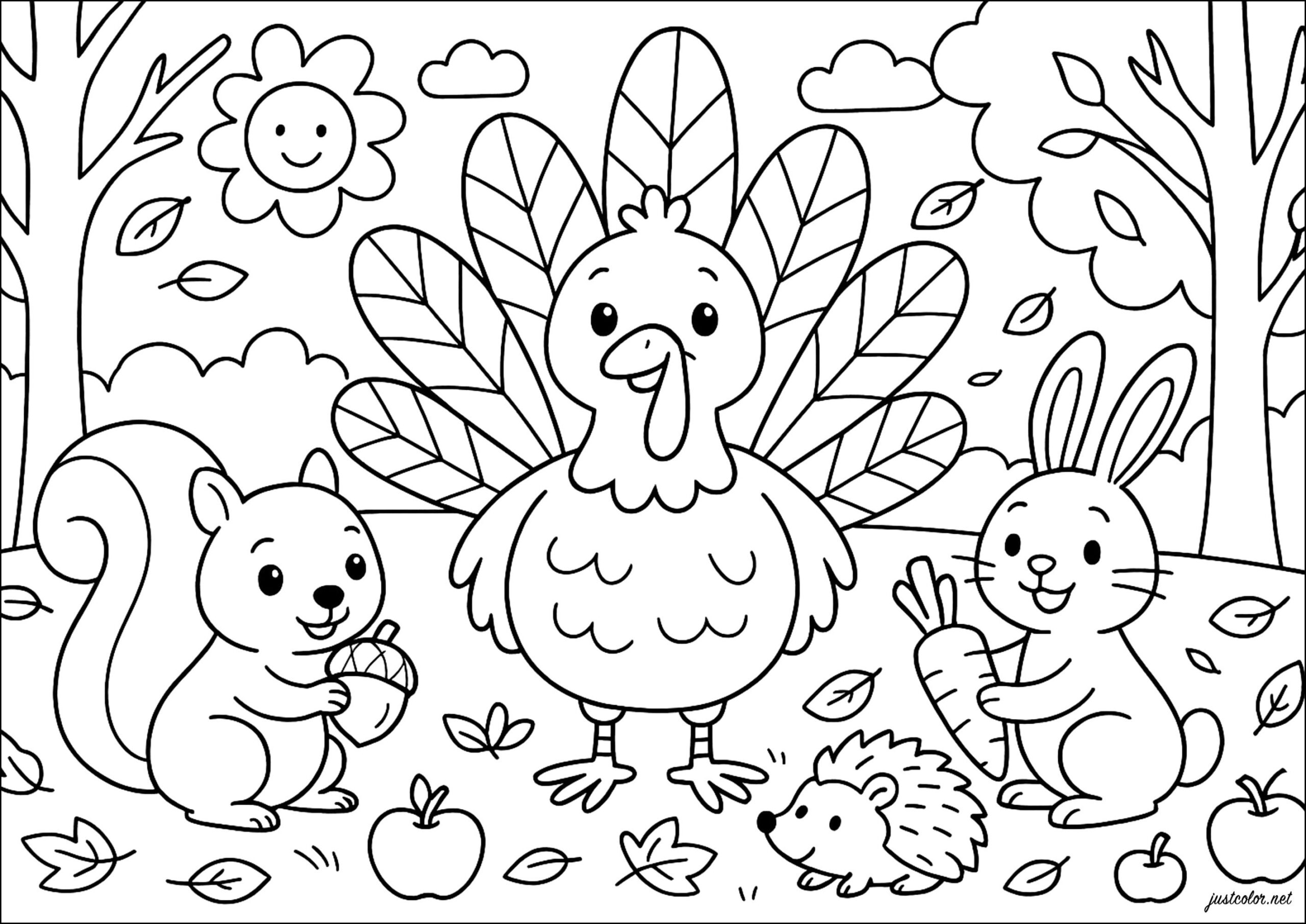 Happy Turkey And His Autumn Friends Thanksgiving Coloring Pages For Kids