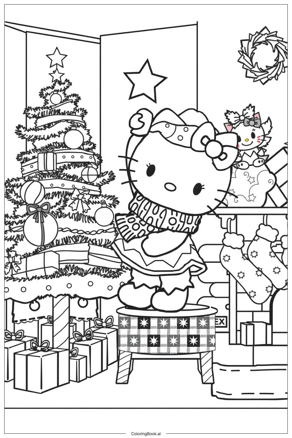 Christmas Hello Kitty Coloring Page