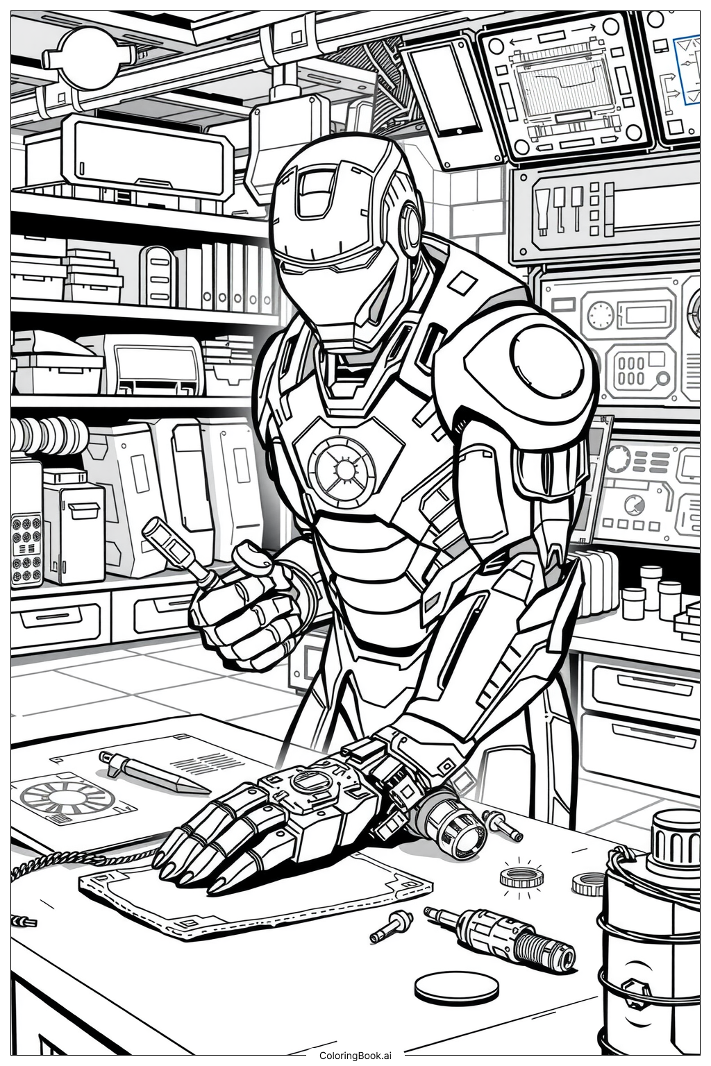 Iron Man In His Lab Working Coloring Page Free PDF PNG Printable 