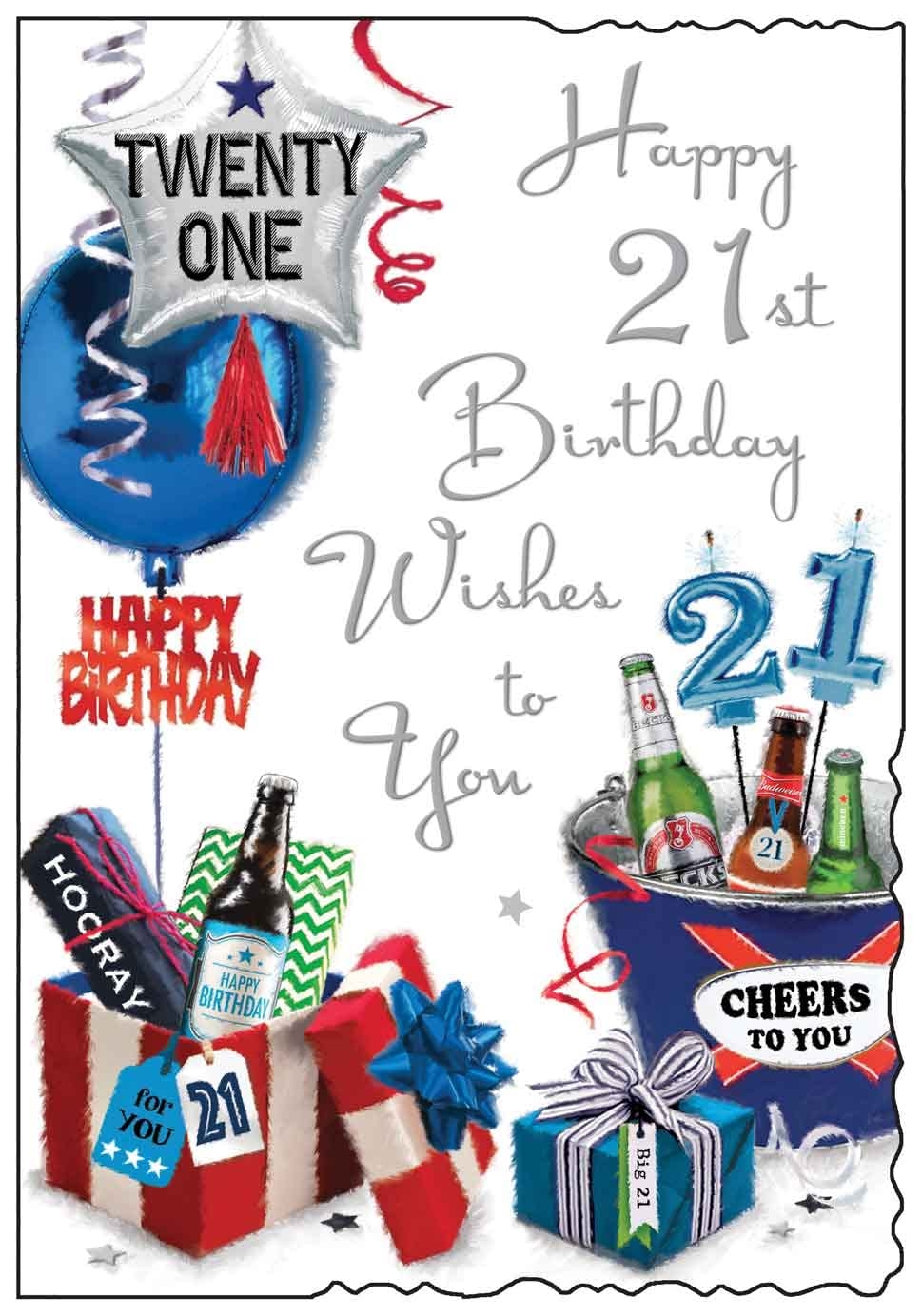 Jonny Javelin Male Happy 21st Birthday Wishes To You Card Balloons Presents Beer Bottles Amazon co uk Stationery Office Supplies