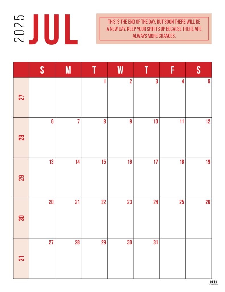 July 2025 Calendars 107 FREE Printables Printabulls