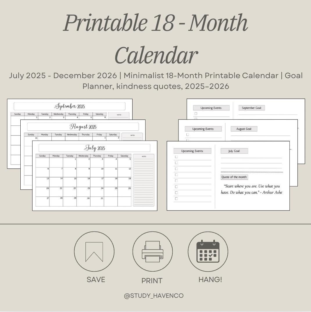 July 2025 December 2026 Minimalist 18 month Printable Calendar Goal Planner Kindness Quotes 2025 2026 Etsy
