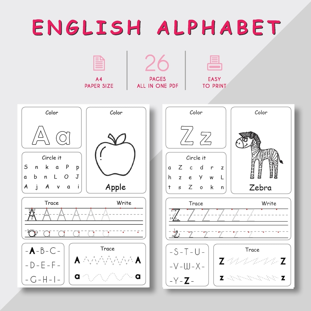 Learning Alphabet Printable Worksheets For Kids Kindergarten Handwriting 26 A4 Cards In One PDF Etsy