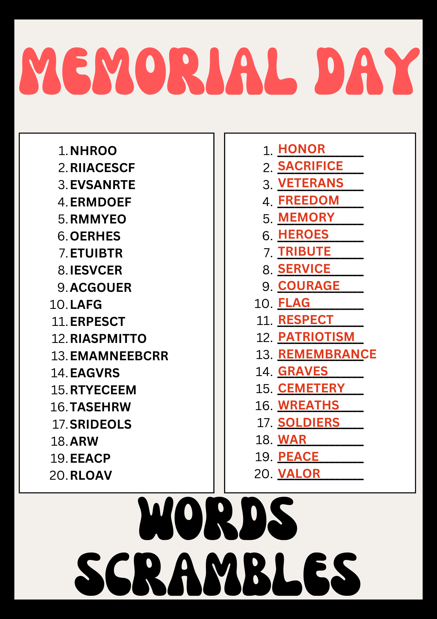 Memorial Day Word Scrambles Puzzle Worksheet Printables Activity Made By Teachers