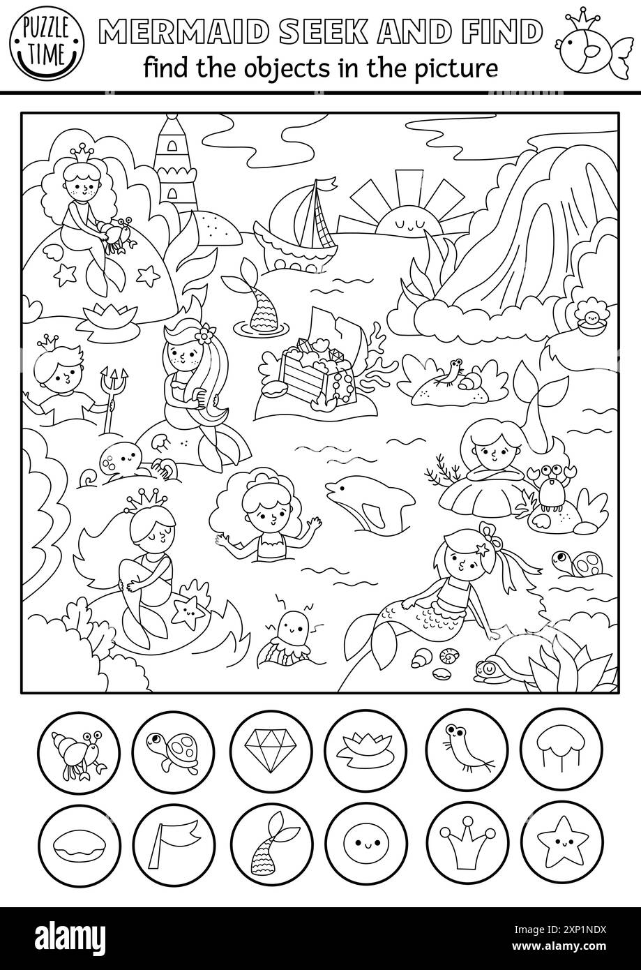 Mermaid Vector Black And White Searching Game With Sea Lagoon Landscape Spot Hidden Objects Coloring Page Ocean Kingdom Seek And Find Printable Acti Stock Vector Image Art Alamy