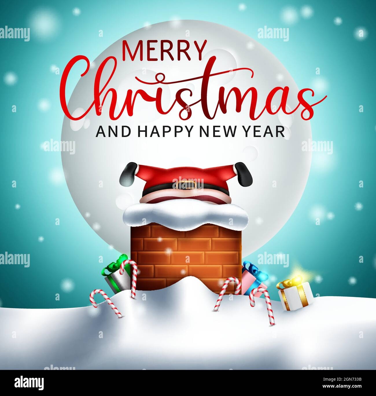 Merry Christmas Greeting Vector Design Merry Christmas Text With Funny Santa Claus Stuck In Snowy Chimney With Gifts For Xmas Holiday Season Stock Vector Image Art Alamy