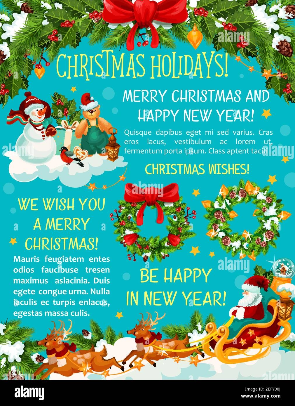 Merry Christmas Winter Season Greeting Card For Happy Holiday Wishes Vector Christmas Tree Lights Decoration Snowman And Santa In Sleigh With Gifts Stock Vector Image Art Alamy