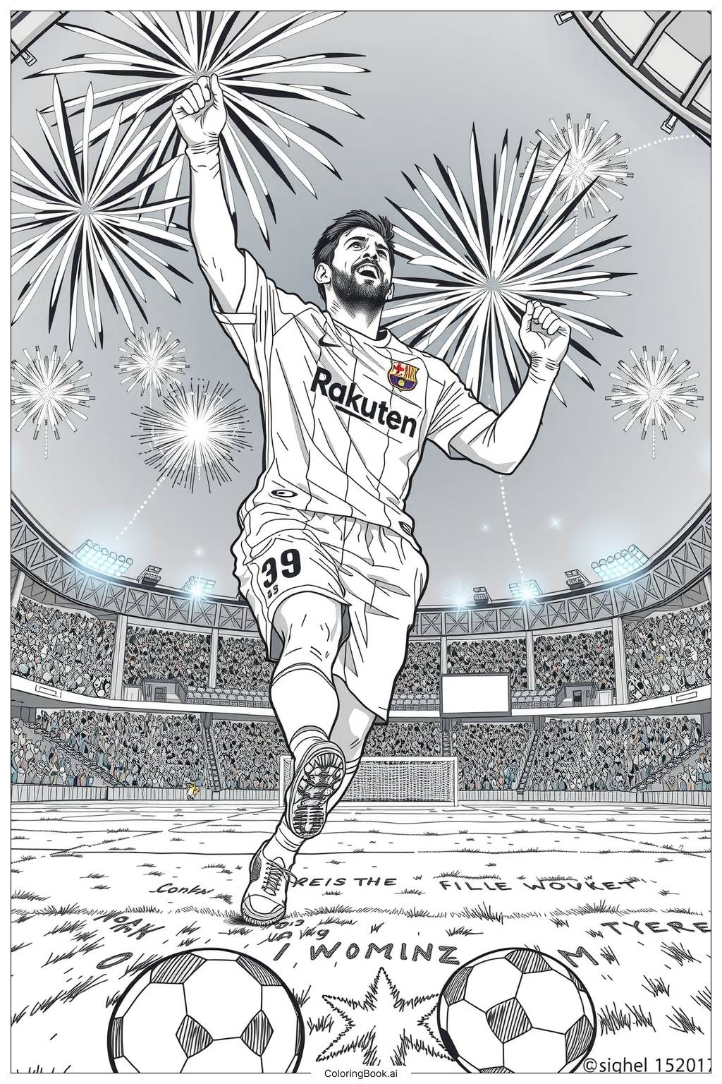 Messi Scoring A Goal With Fireworks In The Background Coloring Page Free PDF PNG Printable 