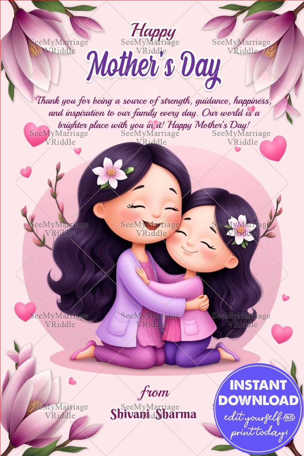 Mother s Day Greeting Card With Mother Daughter Whimsical Hug Blooming Magnolia Flowers VRiddle Mother s Day Greeting Card With Mother Daughter Whimsical Hug Blooming Magnolia Flowers VRiddle