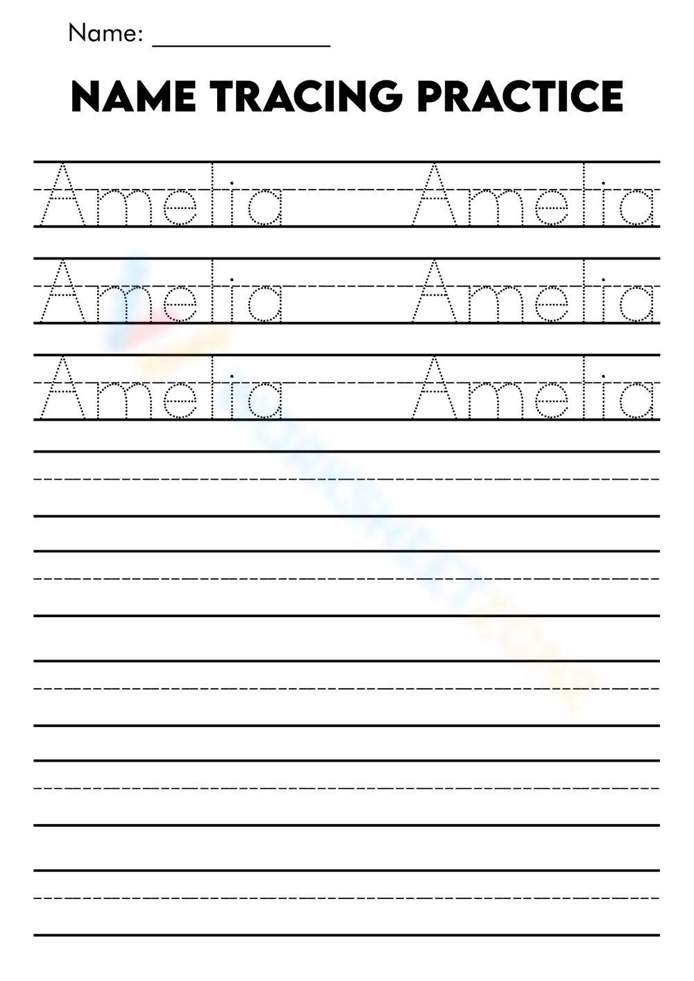Name Tracing Amelia Practice Worksheet