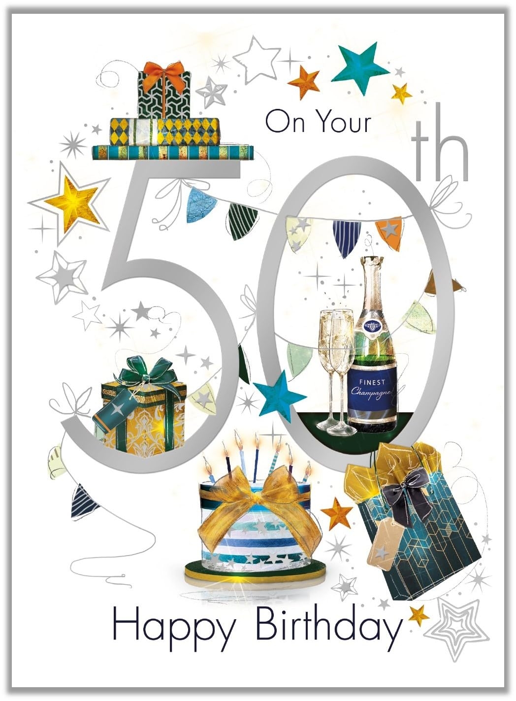 Noel Tatt Age 50 Birthday Card For Him Stylish Champagne Present Design Age 50 Birthday Greeting Card Amazon co uk Stationery Office Supplies