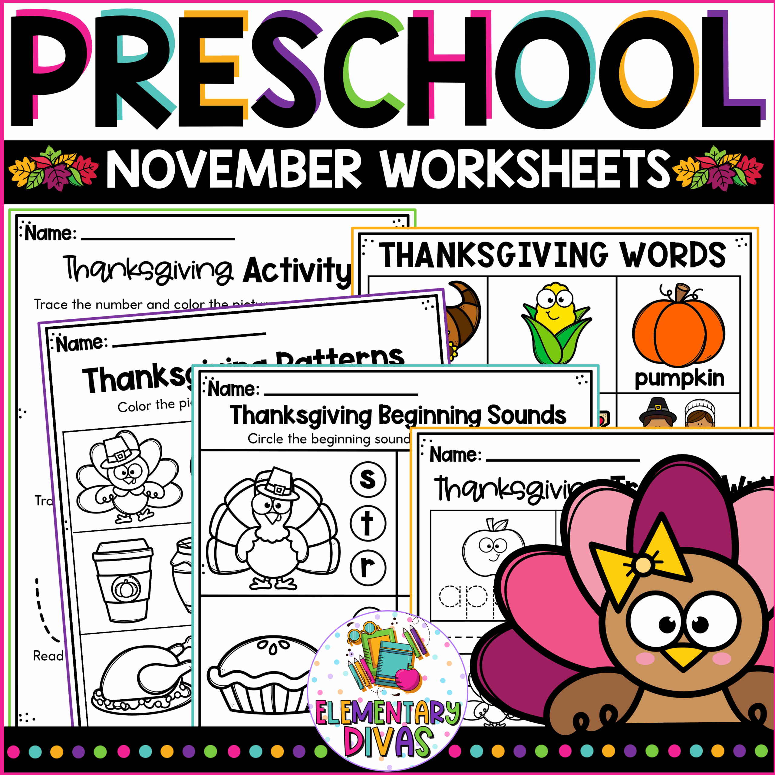 November Fall Preschool NO PREP Worksheet Packet Pre K Thanksgiving Classful