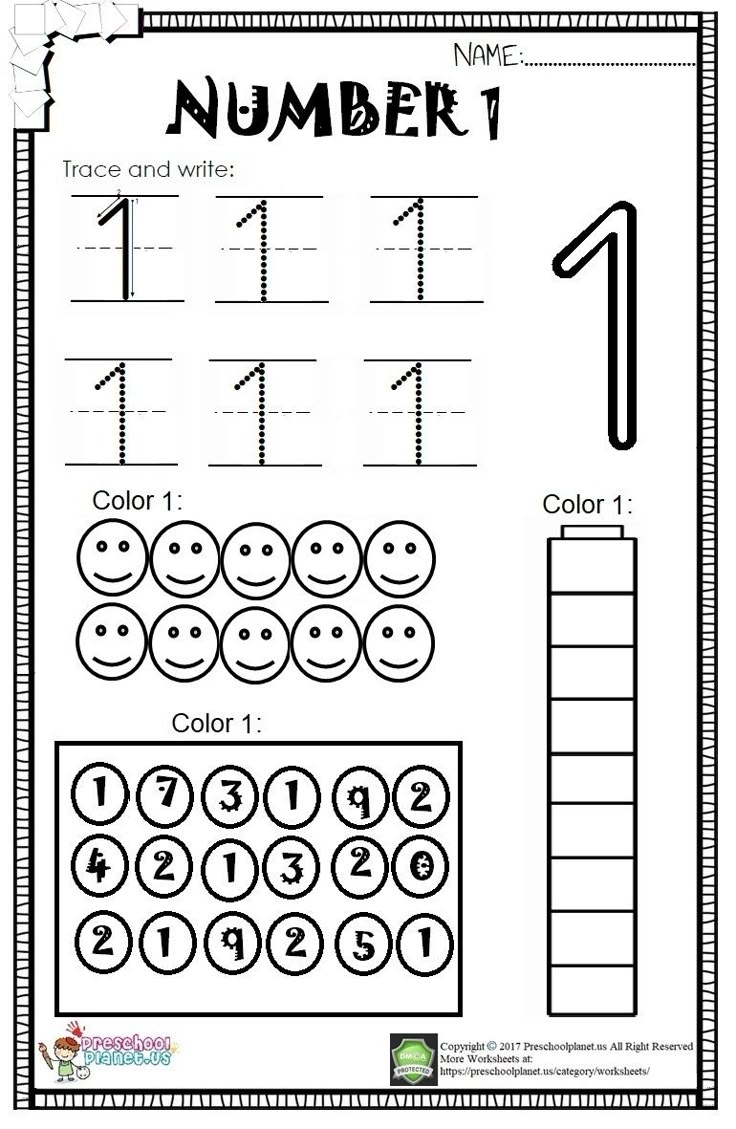 number one worksheet for preschool