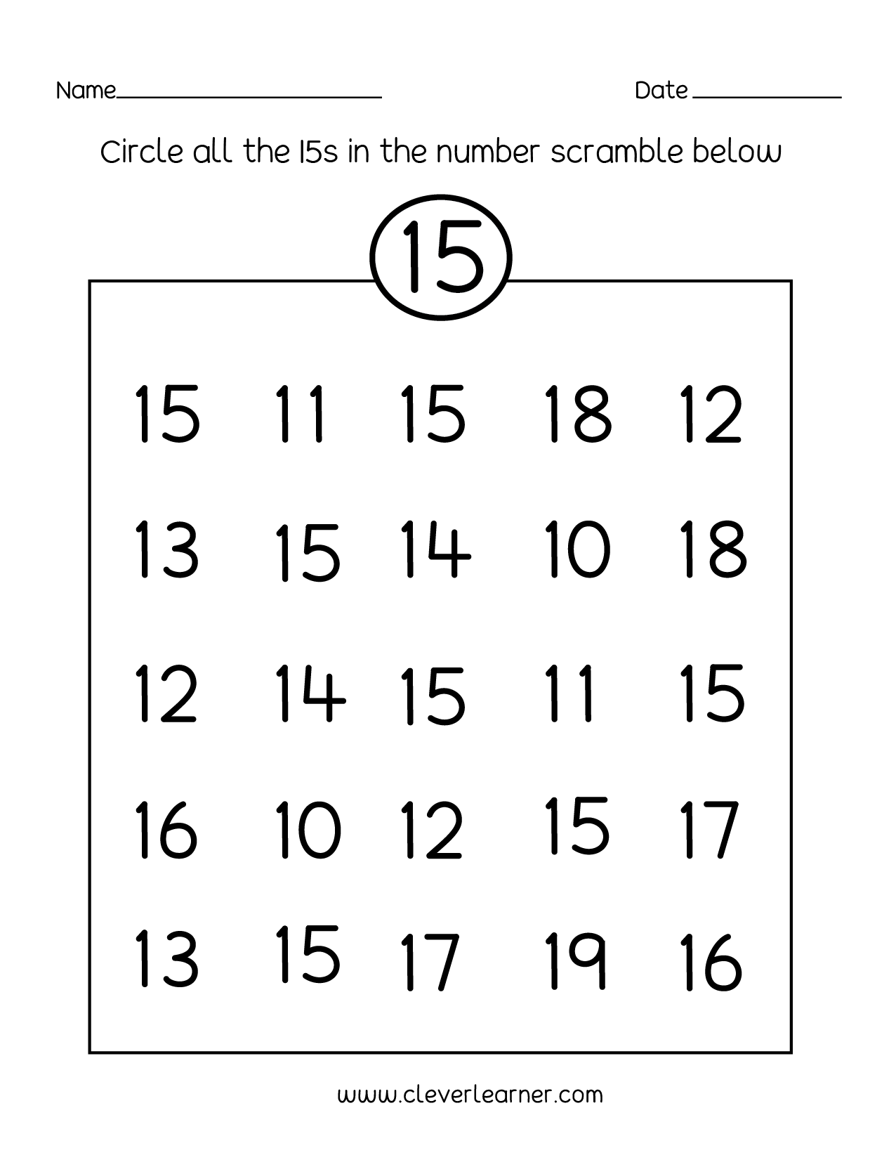 Preschool Number 15 Worksheet