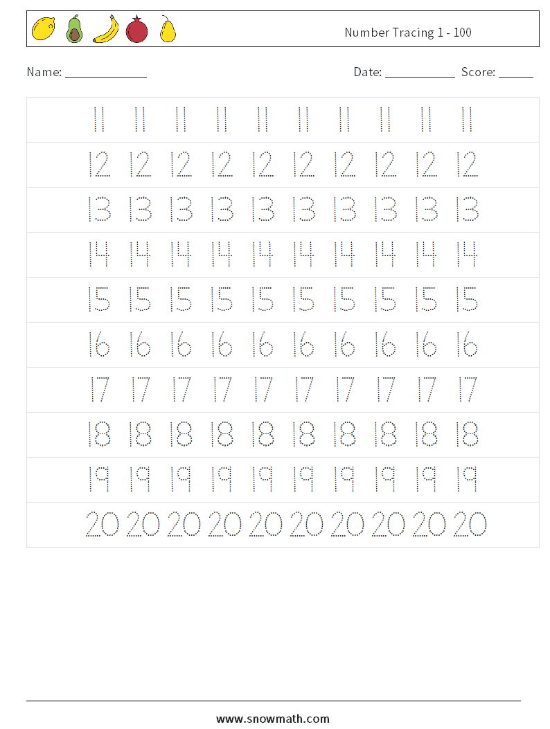numbers 1 to 100 worksheets