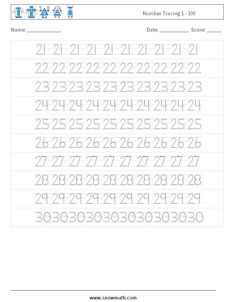 Number Tracing Worksheets 1 100