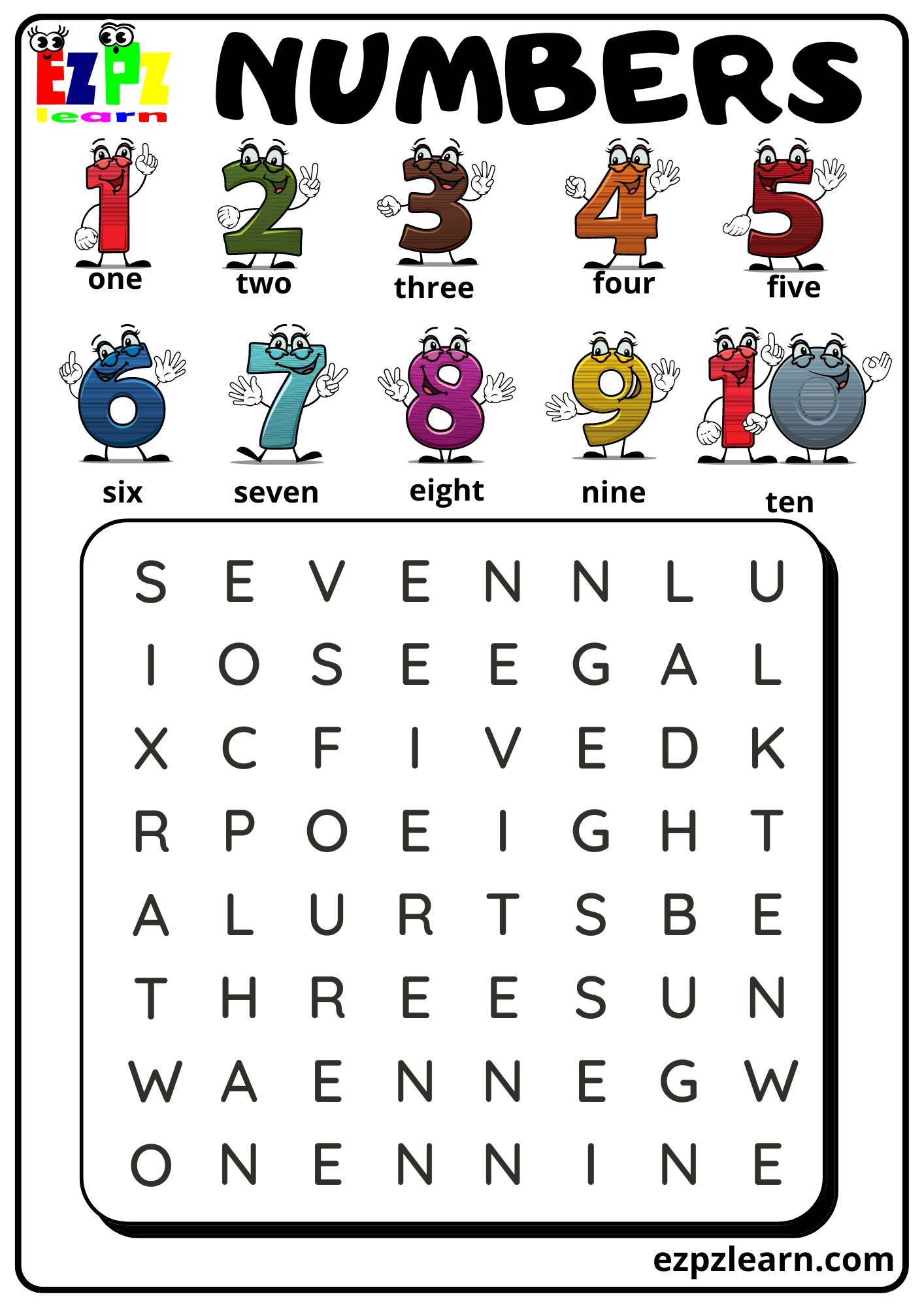 Numbers 1 To 10 Word Search Worksheet PDF Download Ezpzlearn