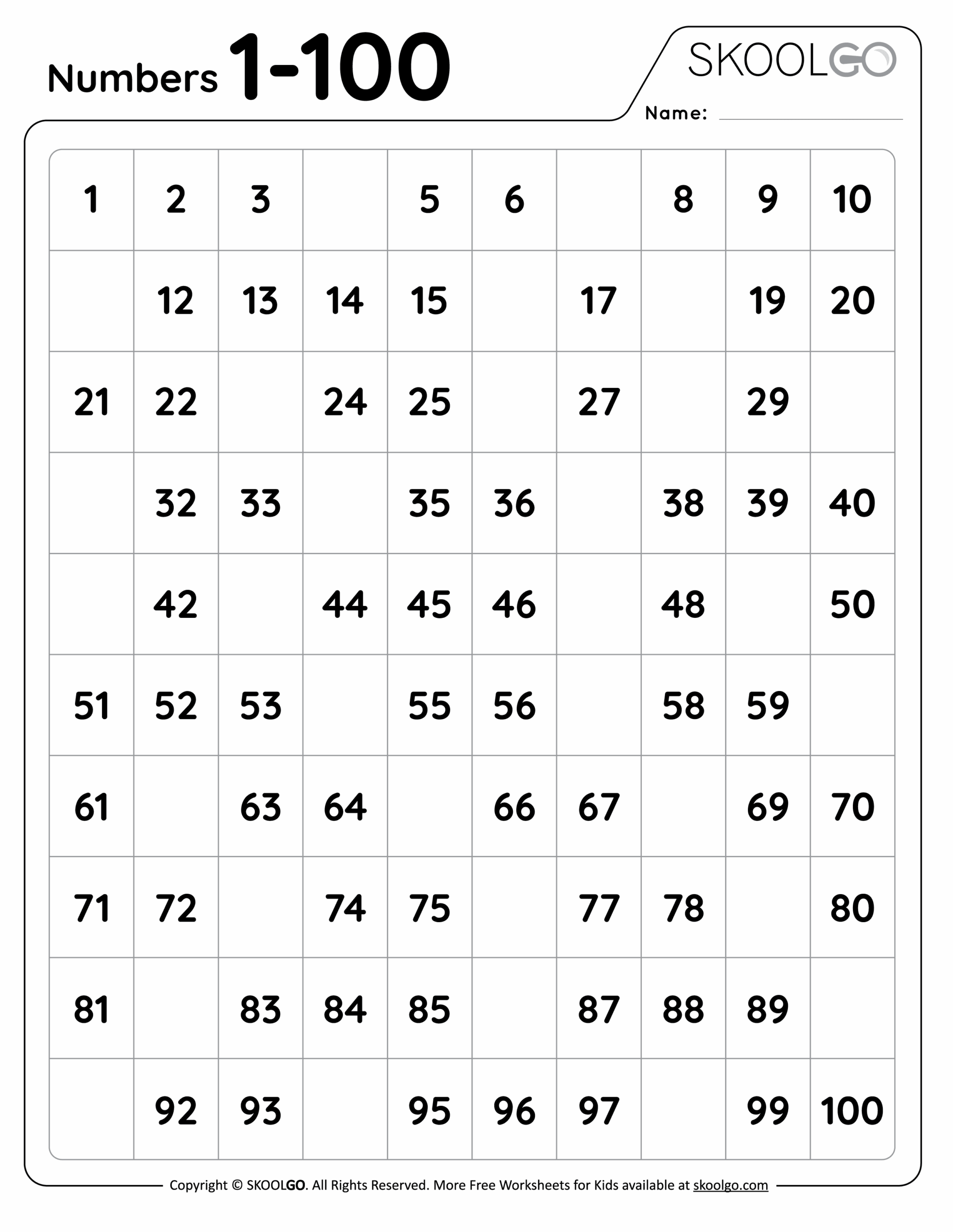 Numbers 1 To 100 Worksheets