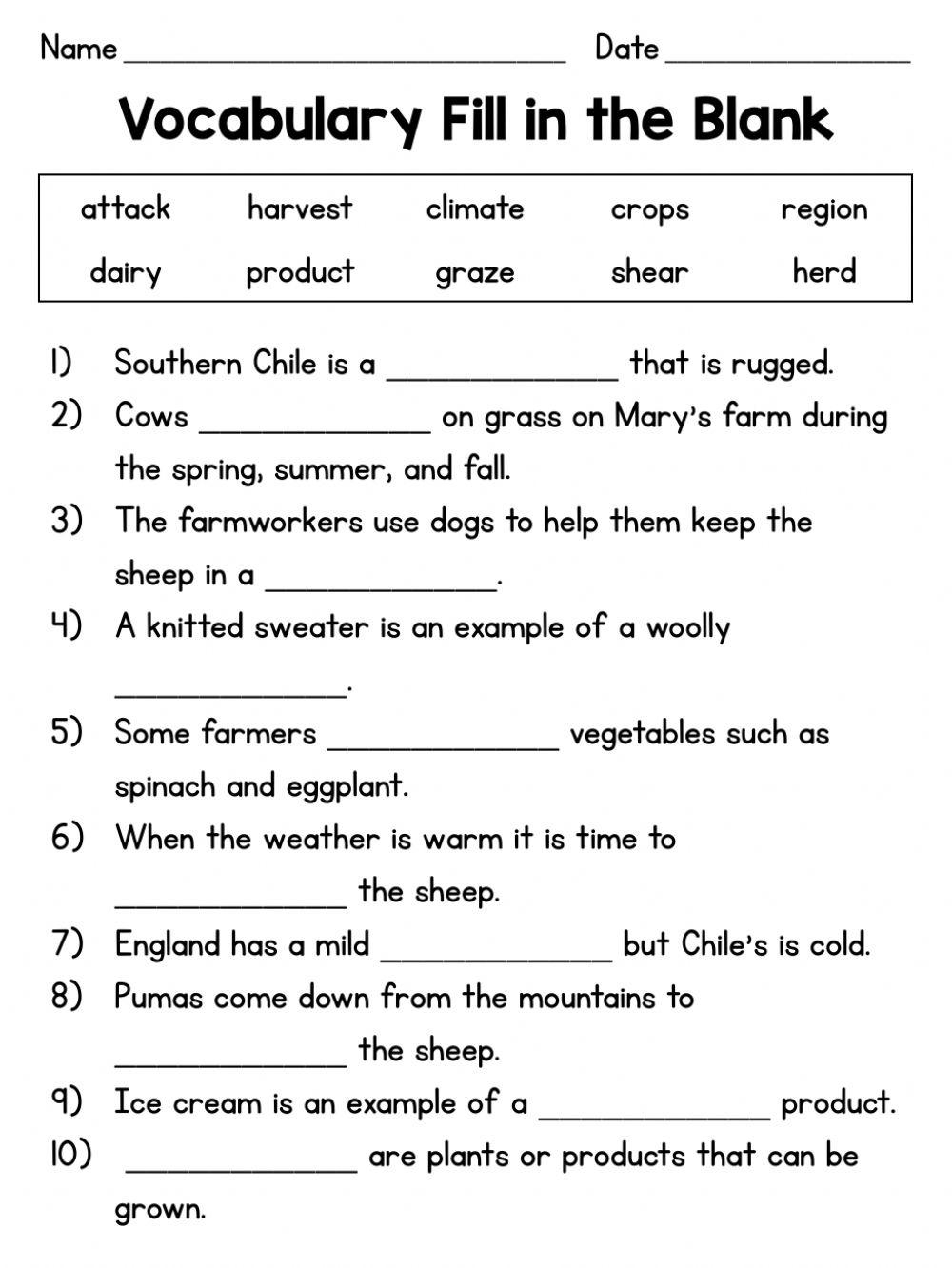 On The Farm Vocabulary Fill In The Blanks Worksheet Live Worksheets Worksheets Library