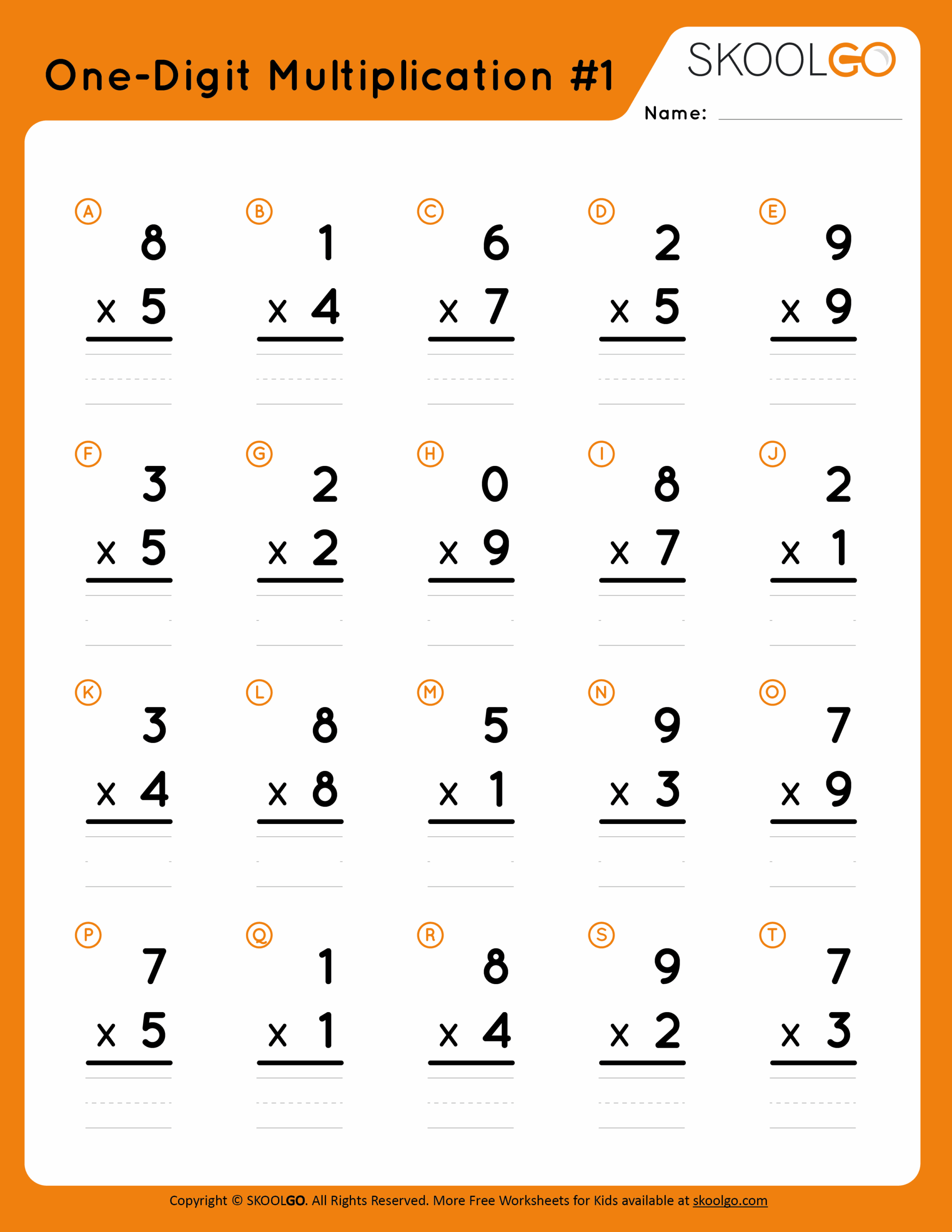 One Digit Multiplication 1 SKOOLGO Worksheets Library