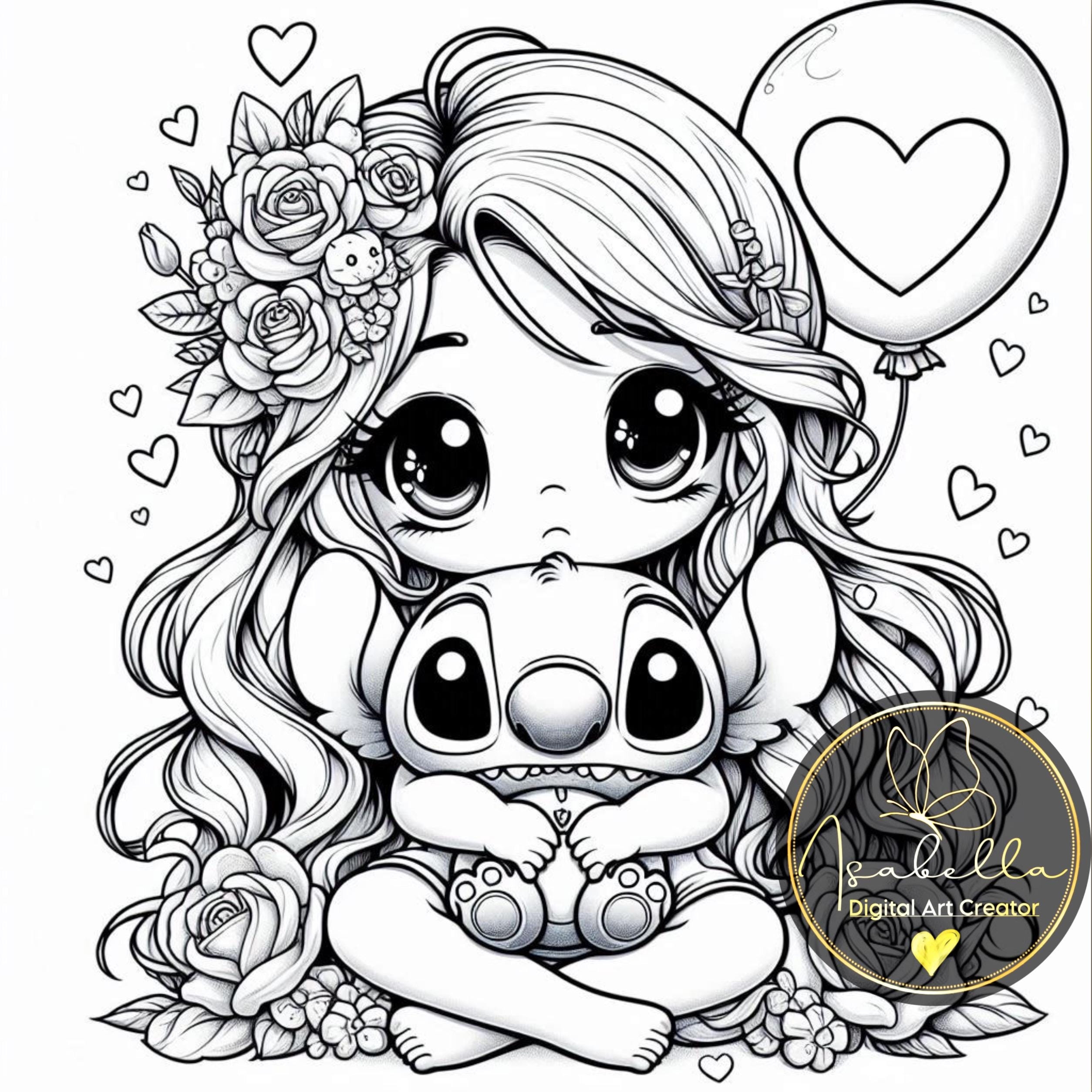 Pack Of 10 Digital Coloring Papers Of A Girl With Stitch Etsy