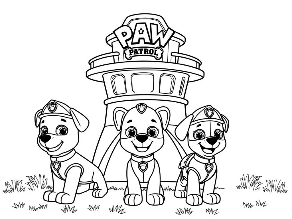 Paw Patrol Coloring Page Featuring A Simple Lookout Tower With A Few Pups In Front Free Printable Coloring Page
