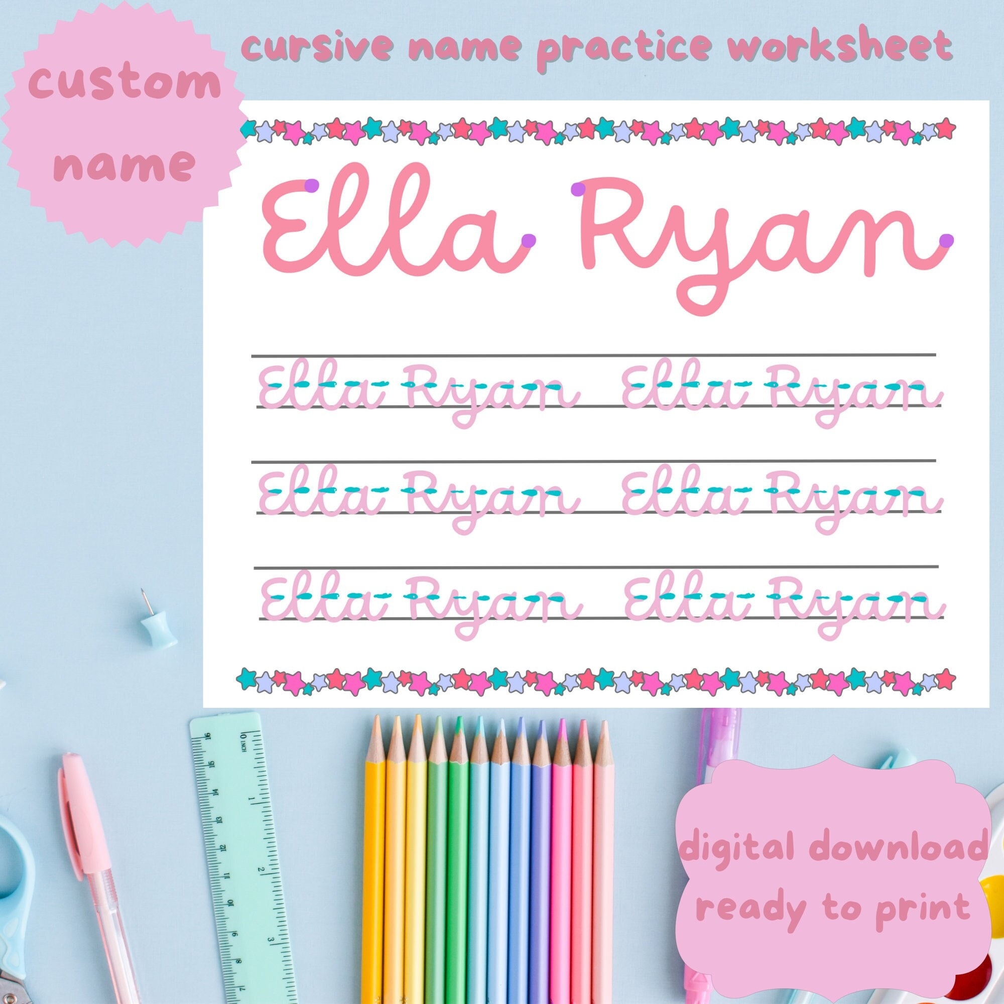 Personalized Cursive Name Practice Worksheet Custom Name Tracing Practice Hand Writing Paper Homeschool Printable Letter Formation Work Etsy