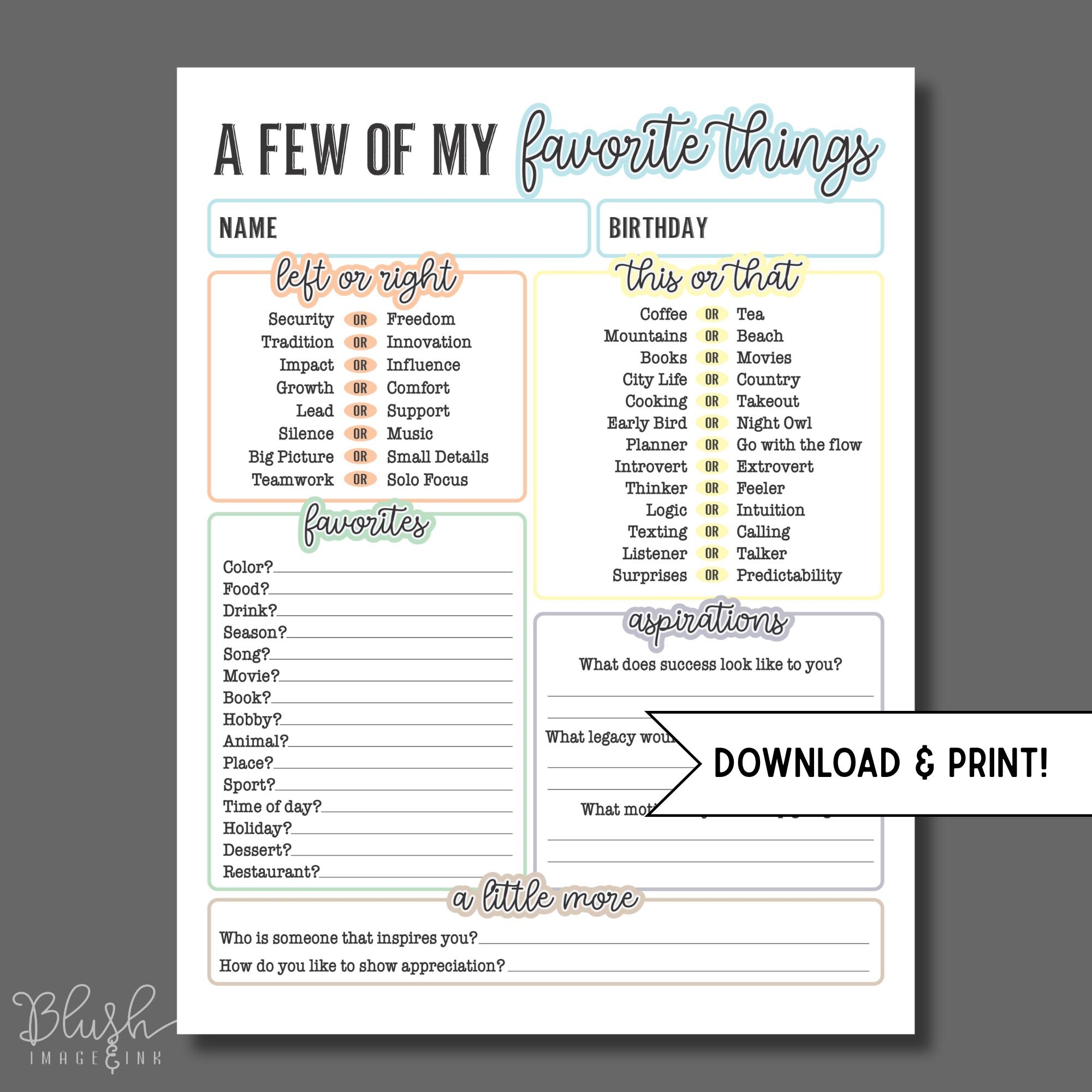 Printable all About Me Favorites Worksheet For Adults Self Discovery Team Building Office Icebreaker Mental Health Journal Printable Staff Etsy