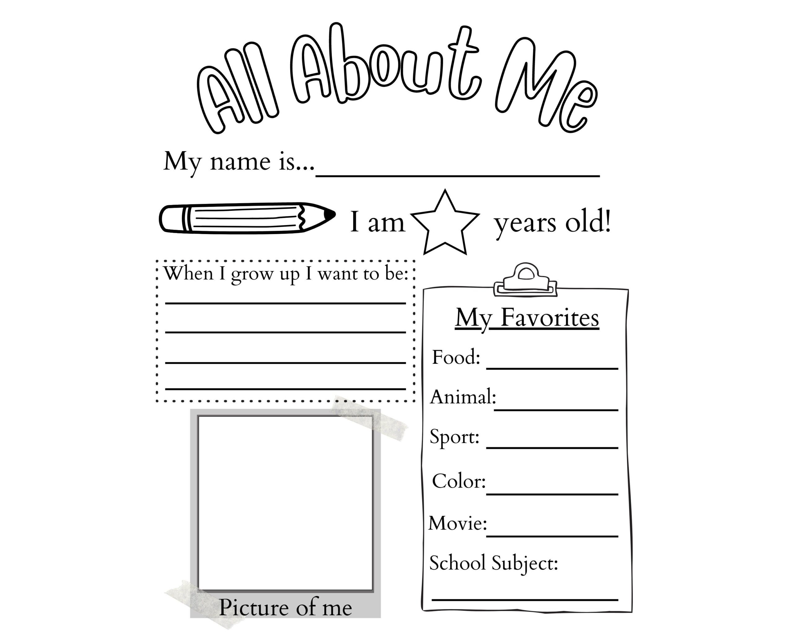 PRINTABLE All About Me Worksheet Printable Activity For Kids First Day Of School Questionnaire PDF Etsy Finland