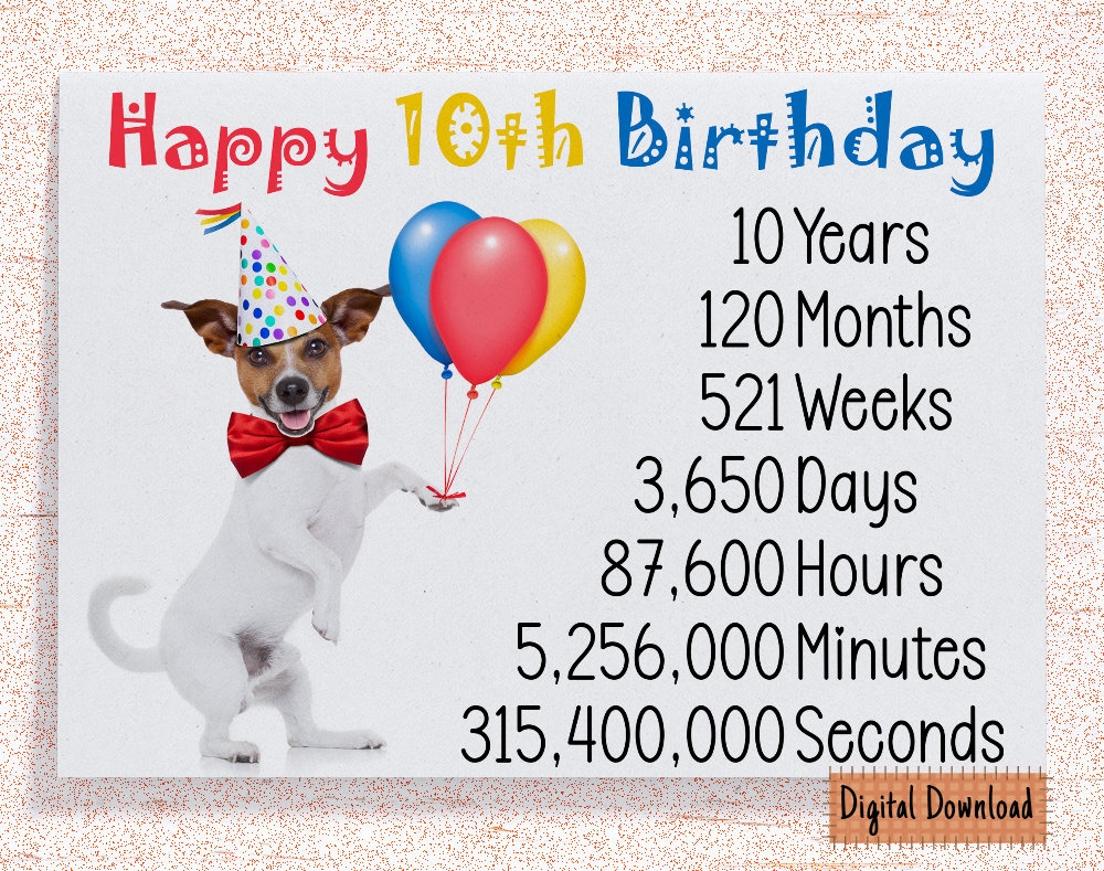 Printable Cute 10th Birthday Card Time Count Birthday Card For 10th Birthday Cute Dog Birthday Wishes 10 Year Old Double Digits Etsy