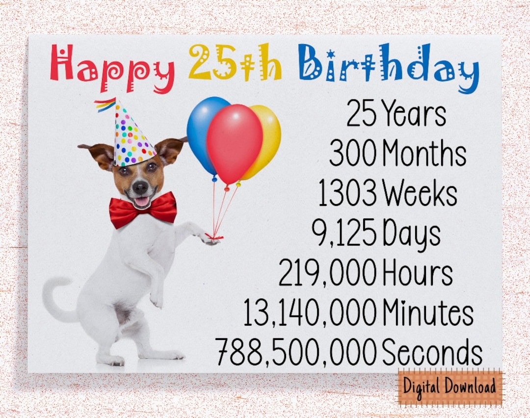 Printable Cute 25th Birthday Card Time Count Birthday Card For 25th Birthday Grandma Cute Dog Birthday Wishes 25year Etsy