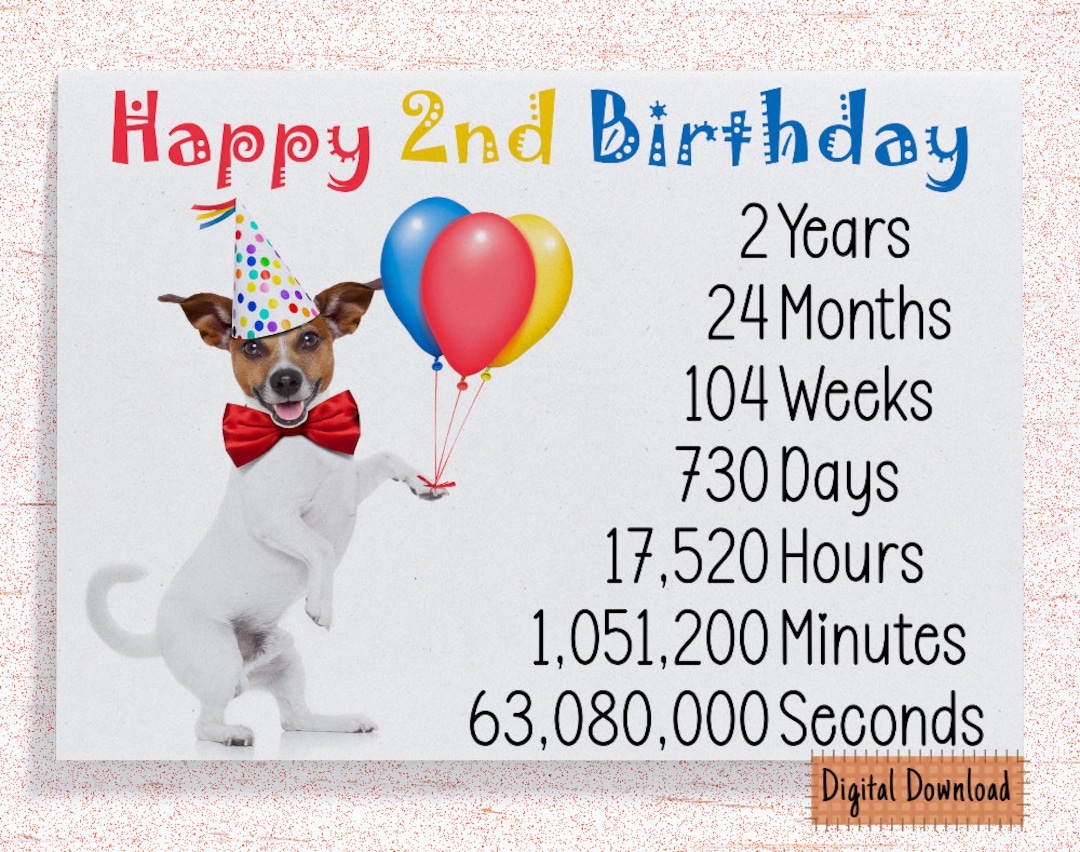 Printable Cute 2nd Birthday Card Time Count Birthday Card For 2nd Birthday Cute Dog Birthday Wishes 2 Year Old Etsy