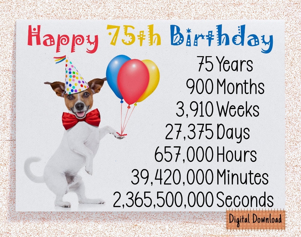 Printable Cute 75th Birthday Card Birthday Card For 75th Birthday Grandma Grandpa Uncle Aunt Mom Dad Cute Dog Birthday Wishes 75 Years Etsy