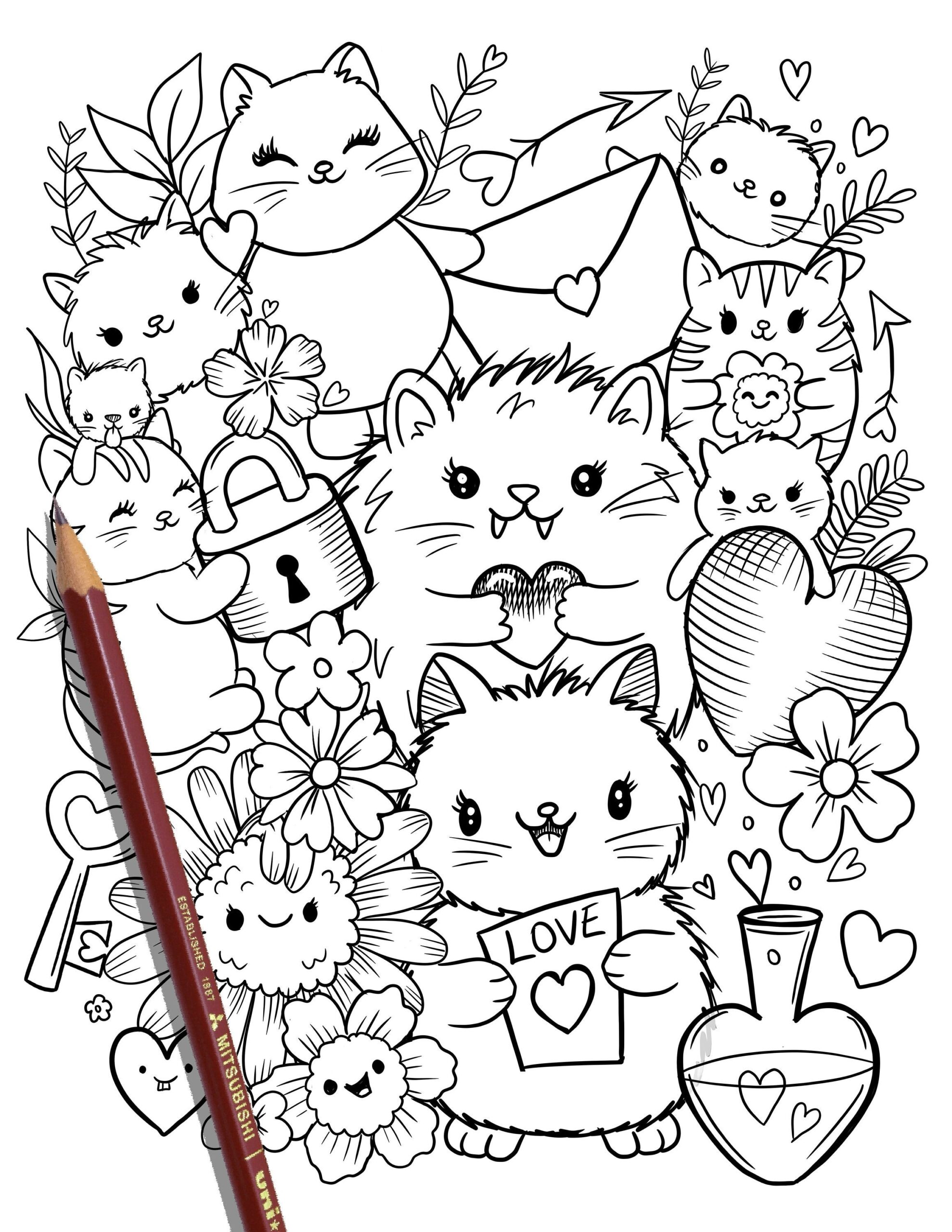 PRINTABLE Cute Kitty Cats Coloring Page Hand drawn Coloring Sheet Cat Doodles Coloring Page Kids Coloring Page Adult Coloring Etsy