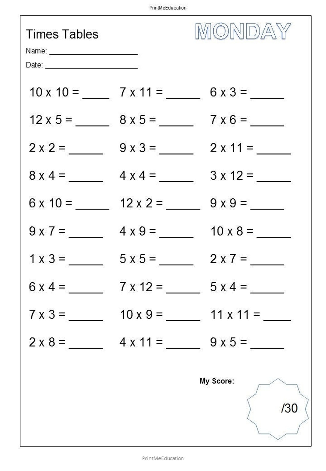 12 x table worksheet