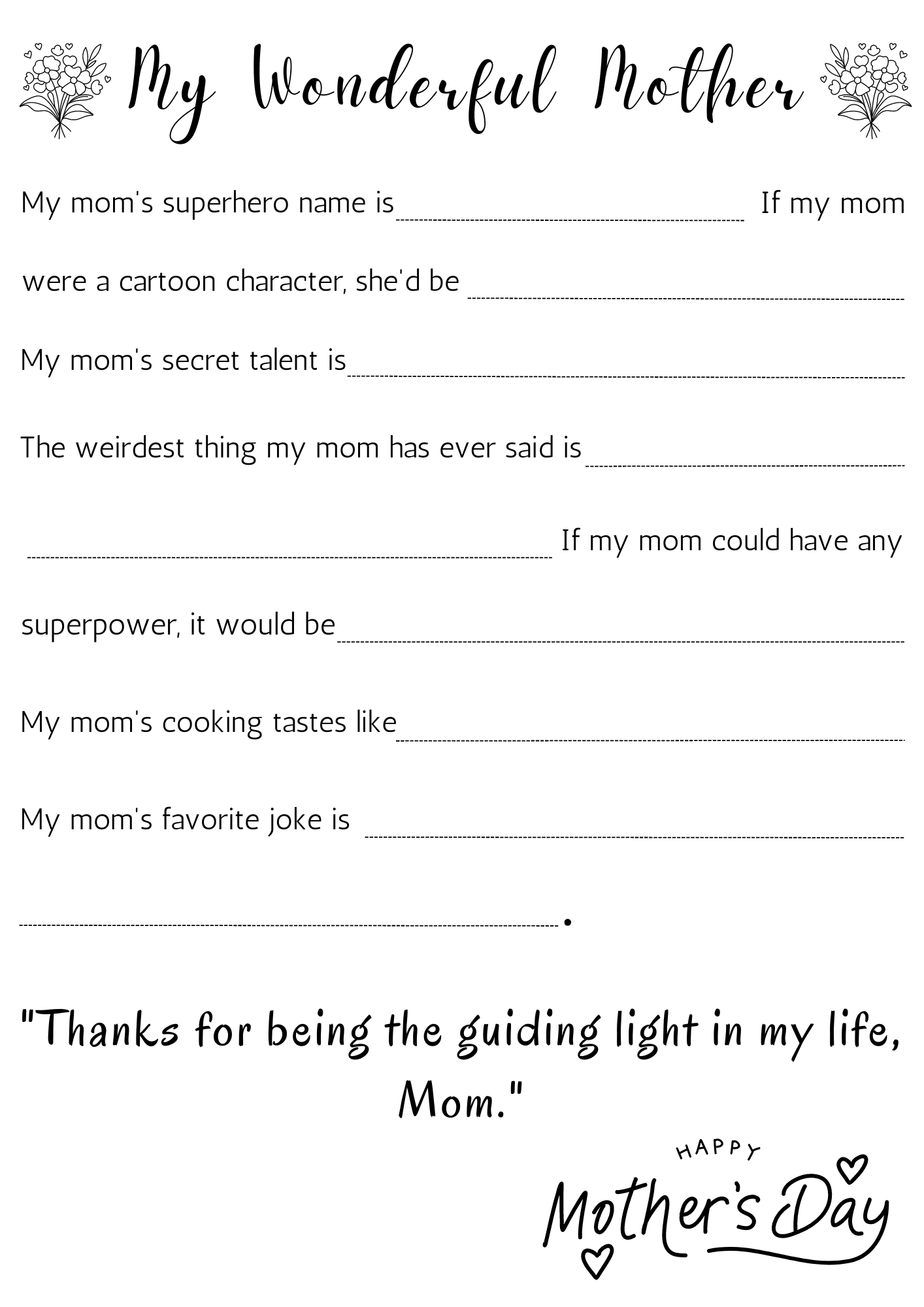 Mother’s Day Fill In The Blank Worksheet